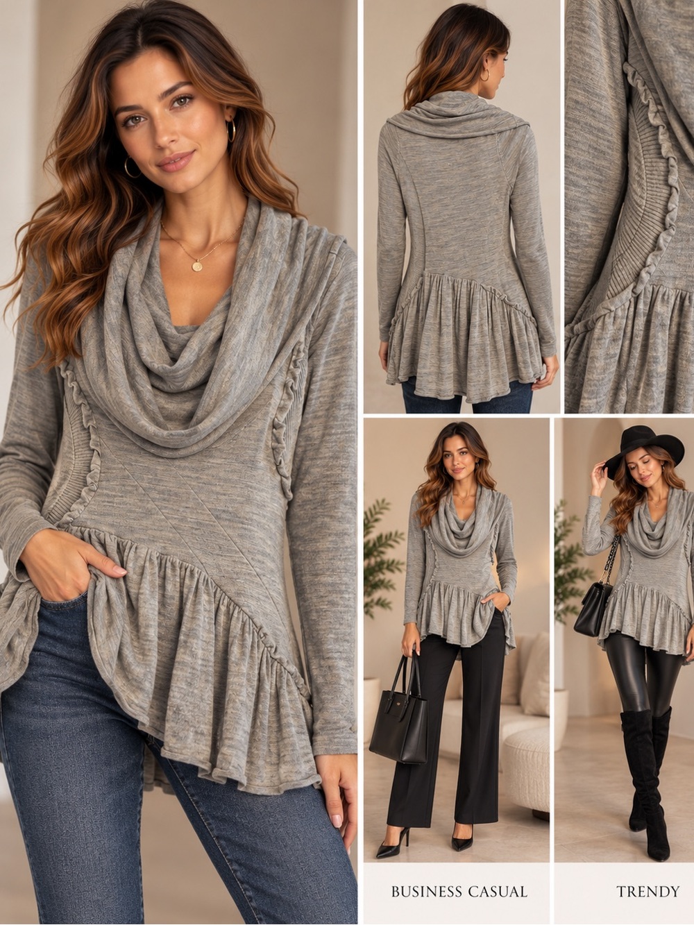 Sparrow | Anthropologie Gray- Green Cowl Neck Ruffle-Hem Knit Top, Small